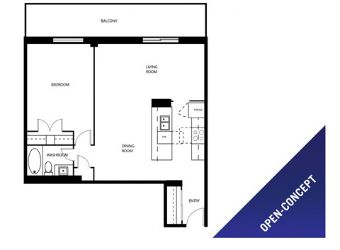One bedroom, one bathroom open-concept apartment layout at St. Lawrence Village in St. Catharines